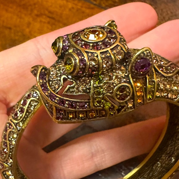 Heidi Daus FuDog bangle bracelet hinged in green purple and orange crystals